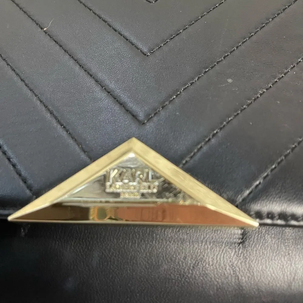 Karl Lagerfeld Purse Womens Black Quilted Shoulder Bag Gold tone Chain Strap